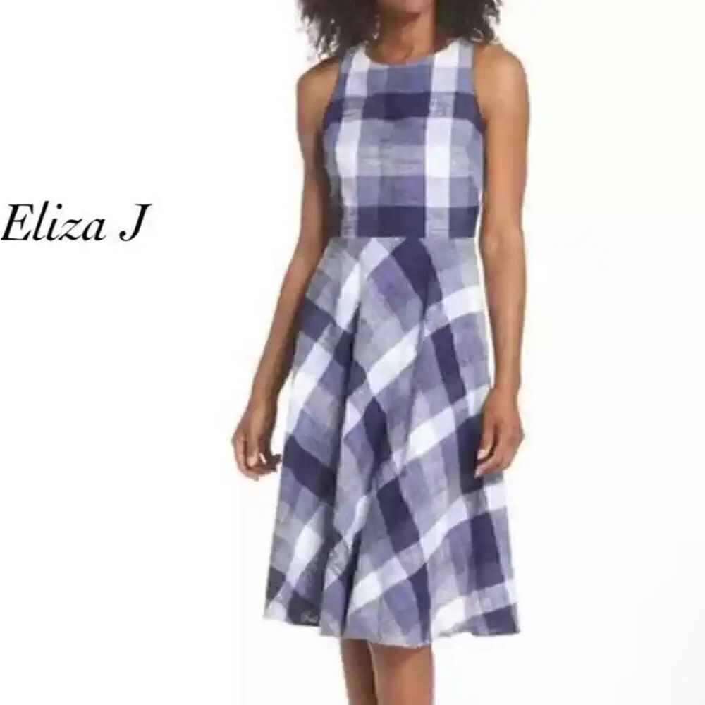 Eliza J Blue and White Plaid Fit and Flare Dress with Back Bow